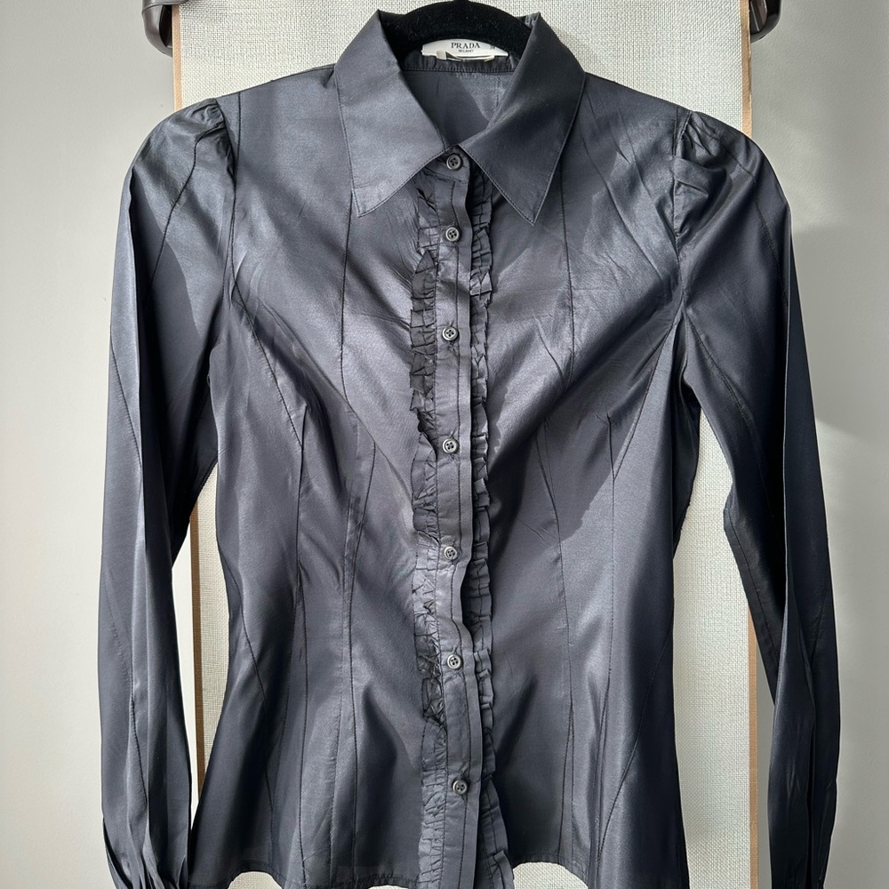 Prada Black Silk Blouse with Ruffle Insert at Chest